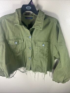 Cropped Olive Green Distressed Jean Jacket - Unbranded